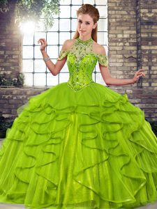 Beauteous Olive Green Ball Gowns Beading and Ruffles Quinceanera Dress Lace Up Tulle Sleeveless Floor Length