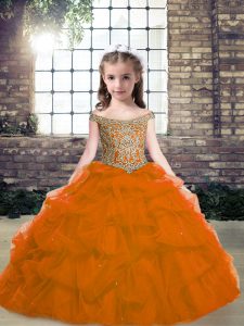 Orange Red Ball Gowns Beading Pageant Dress for Teens Lace Up Organza Sleeveless Floor Length