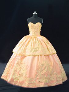 Exceptional Peach Ball Gowns Appliques Sweet 16 Quinceanera Dress Lace Up Satin Sleeveless Floor Length