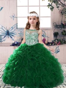 Dark Green Little Girls Pageant Dress Party and Military Ball and Wedding Party with Beading and Ruffles Scoop Sleeveless Lace Up