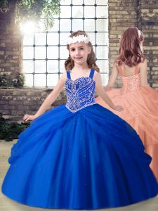 High Class Royal Blue Ball Gowns Tulle Straps Sleeveless Beading Floor Length Lace Up Girls Pageant Dresses