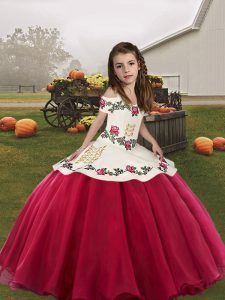 Coral Red Ball Gowns Straps Sleeveless Organza Floor Length Lace Up Embroidery Little Girls Pageant Gowns