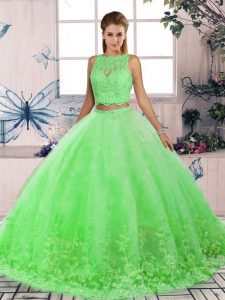 Clearance Green Scalloped Neckline Lace Ball Gown Prom Dress Sleeveless Backless