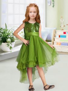 Scoop Sleeveless Custom Made Pageant Dress High Low Sequins and Bowknot Olive Green Organza