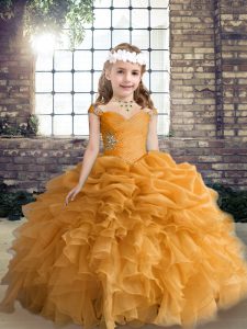 Beauteous Orange Organza Lace Up Straps Sleeveless Floor Length Evening Gowns Beading and Ruffles and Pick Ups