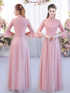 Gorgeous Floor Length Empire 3 4 Length Sleeve Pink Dama Dress for Quinceanera Zipper
