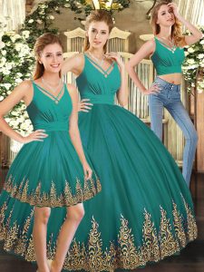 Floor Length Backless Quinceanera Dresses Turquoise for Sweet 16 and Quinceanera with Embroidery