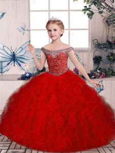 New Arrival Off The Shoulder Sleeveless Lace Up Little Girl Pageant Gowns Red Tulle