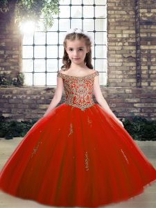 Amazing Floor Length Red Child Pageant Dress Tulle Sleeveless Beading and Appliques