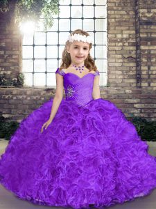 Purple Straps Neckline Beading Little Girl Pageant Dress Sleeveless Lace Up