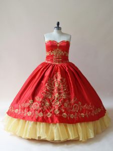 High Class Red Satin Lace Up Sweetheart Sleeveless 15th Birthday Dress Embroidery