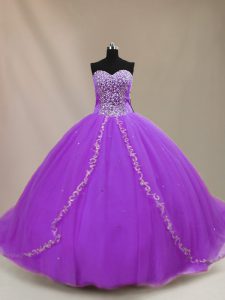 Vintage Ball Gowns Sleeveless Purple Ball Gown Prom Dress Court Train Lace Up
