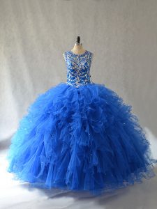 Blue Scoop Side Zipper Beading and Ruffles Quinceanera Gowns Sleeveless
