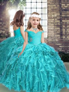 Stunning Aqua Blue Little Girls Pageant Gowns Party and Wedding Party with Beading and Ruffles Straps Sleeveless Lace Up