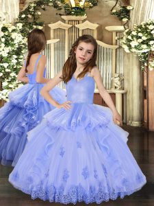 Lavender Ball Gowns Tulle Straps Sleeveless Appliques Floor Length Lace Up Child Pageant Dress