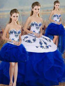Floor Length Royal Blue 15th Birthday Dress Tulle Sleeveless Embroidery and Ruffles and Bowknot