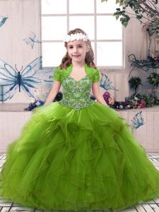 Straps Sleeveless Pageant Dress Wholesale Floor Length Beading Olive Green Tulle