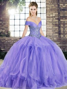 Best Selling Lavender Tulle Lace Up 15 Quinceanera Dress Sleeveless Floor Length Beading and Ruffles