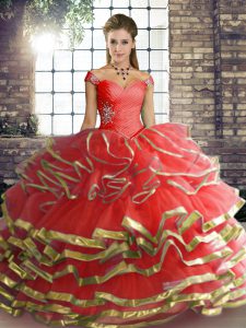 Charming Tulle Off The Shoulder Sleeveless Lace Up Beading and Ruffled Layers Quinceanera Dress in Coral Red