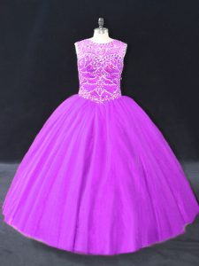 Purple Scoop Lace Up Beading Quince Ball Gowns Sleeveless