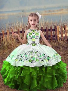 Enchanting Floor Length Green High School Pageant Dress Organza Sleeveless Embroidery and Ruffles
