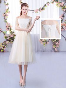 Great Champagne Tulle Lace Up Dama Dress for Quinceanera Half Sleeves Ankle Length Lace