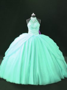 Custom Designed Apple Green Tulle Lace Up 15th Birthday Dress Sleeveless Floor Length Beading