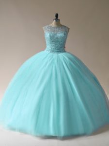 Sweet Floor Length Aqua Blue 15th Birthday Dress Scoop Sleeveless Lace Up