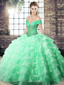 Free and Easy Apple Green Quinceanera Gowns Military Ball and Sweet 16 and Quinceanera with Beading and Ruffled Layers Off The Shoulder Sleeveless Brush Train Lace Up