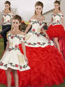Sleeveless Organza Floor Length Lace Up Quinceanera Dress in White And Red with Embroidery and Ruffles