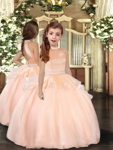 Charming Halter Top Sleeveless Little Girls Pageant Gowns Floor Length Beading Peach Organza