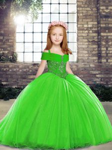 Trendy Straps Sleeveless Brush Train Lace Up High School Pageant Dress Green Tulle