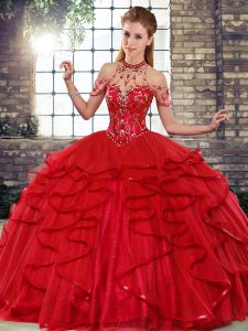 Sexy Red Sweet 16 Dresses Military Ball and Sweet 16 and Quinceanera with Beading and Ruffles Halter Top Sleeveless Lace Up