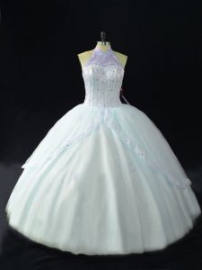 Nice Blue Sweet 16 Dresses Sweet 16 and Quinceanera with Beading Halter Top Sleeveless Lace Up