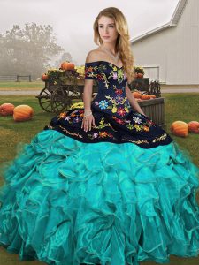 Blue And Black Sleeveless Embroidery and Ruffles Floor Length Quince Ball Gowns