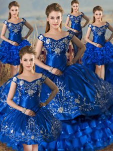 Hot Sale Embroidery and Ruffled Layers Ball Gown Prom Dress Royal Blue Lace Up Sleeveless Floor Length