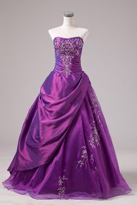 Attractive Purple Quince Ball Gowns Sweet 16 and Quinceanera with Embroidery Strapless Sleeveless Zipper