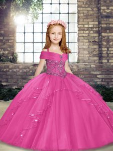 Hot Pink Ball Gowns Tulle Straps Sleeveless Beading Floor Length Lace Up Pageant Dress Womens