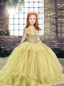 Floor Length Ball Gowns Sleeveless Yellow Kids Formal Wear Lace Up