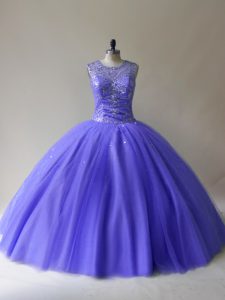 Dynamic Sleeveless Tulle Floor Length Lace Up Sweet 16 Dresses in Purple with Beading