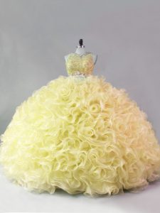 Fantastic Yellow Ball Gowns Scoop Sleeveless Fabric With Rolling Flowers Floor Length Zipper Beading Quinceanera Dress