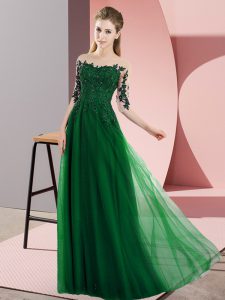 Popular Dark Green Half Sleeves Floor Length Beading and Lace Lace Up Quinceanera Court of Honor Dress