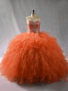Affordable Ball Gowns Vestidos de Quinceanera Orange Red Sweetheart Tulle Sleeveless Floor Length Lace Up