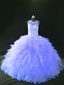 Amazing Lavender Ball Gowns Tulle Scoop Sleeveless Beading and Ruffles Floor Length Lace Up Quince Ball Gowns