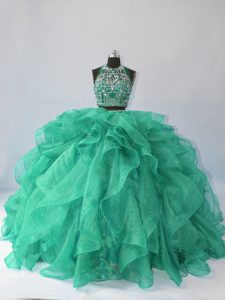 Turquoise Quinceanera Dress Halter Top Sleeveless Brush Train Backless