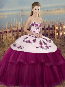 Floor Length Fuchsia Ball Gown Prom Dress Tulle Sleeveless Embroidery and Bowknot