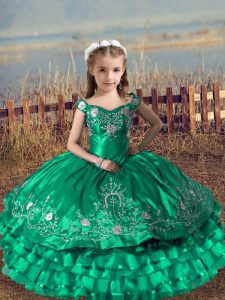 Trendy Turquoise Off The Shoulder Lace Up Embroidery and Ruffled Layers Little Girls Pageant Dress Sleeveless