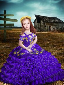 Customized Purple Off The Shoulder Lace Up Embroidery and Ruffled Layers Girls Pageant Dresses Short Sleeves