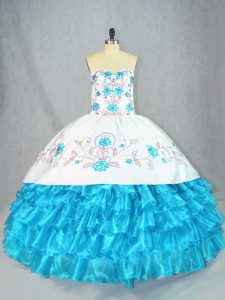 Floor Length Baby Blue Quinceanera Gown Organza Sleeveless Embroidery and Ruffled Layers