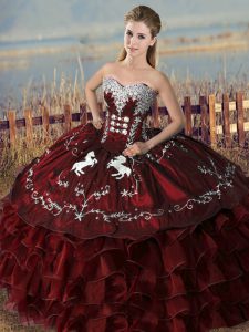 Burgundy Satin and Organza Lace Up Sweet 16 Dresses Sleeveless Floor Length Embroidery and Ruffles